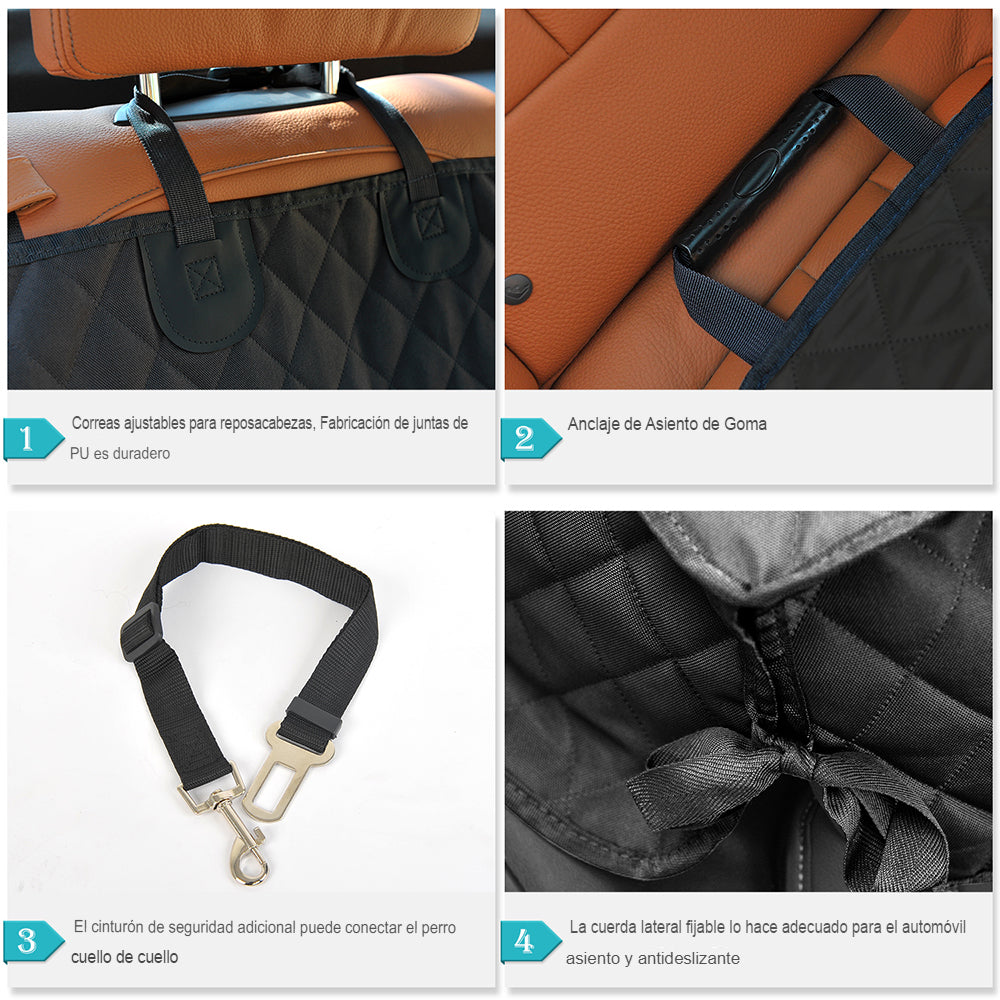 Manta para perros para el asiento trasero del coche. Resistente a los arañazos, con cinturón de seguridad. - Mascotalux