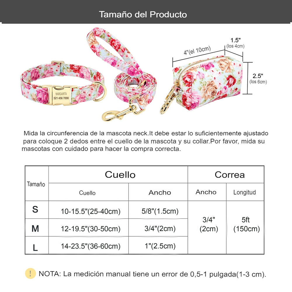 Correa y collar de nailon con flores para perro, conjunto de sujeción animal con estampado floral para mascota de tamaño pequeño, mediano y grande, incluye bolsa para comida de premio. - Mascotalux