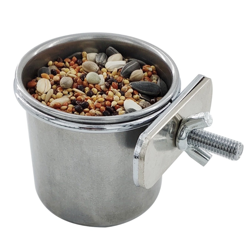 Comedero colgante para alimentar loros. Adecuado para jaulas de pájaros. Cuenco de acero inoxidable. - Mascotalux