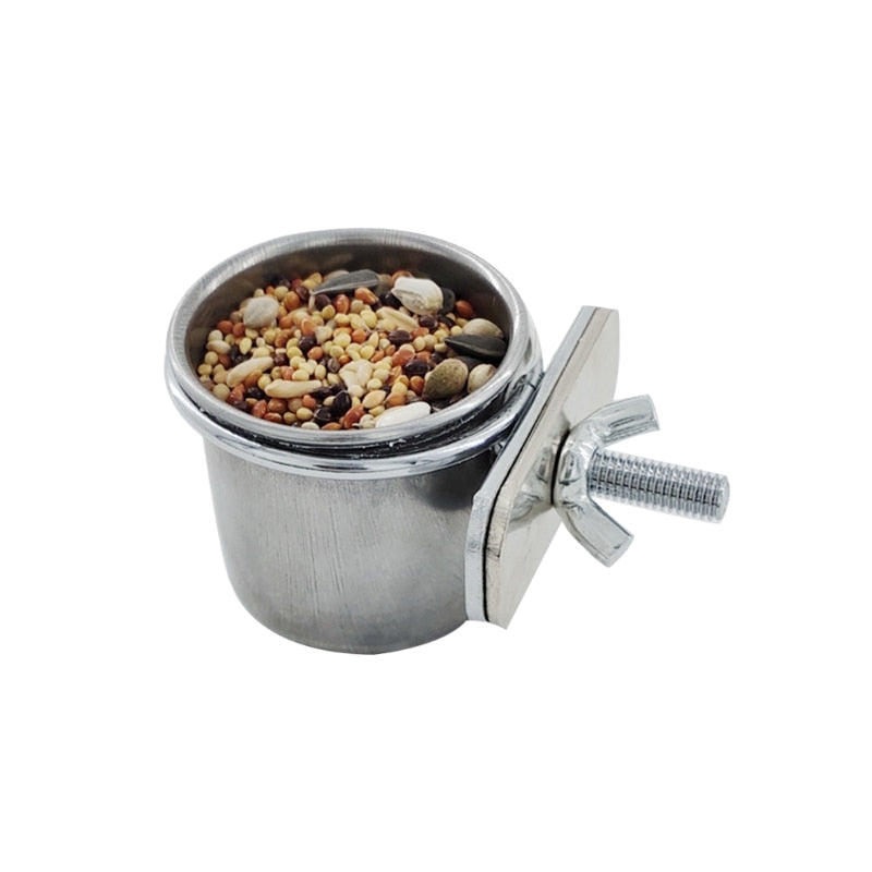Comedero colgante para alimentar loros. Adecuado para jaulas de pájaros. Cuenco de acero inoxidable. - Mascotalux