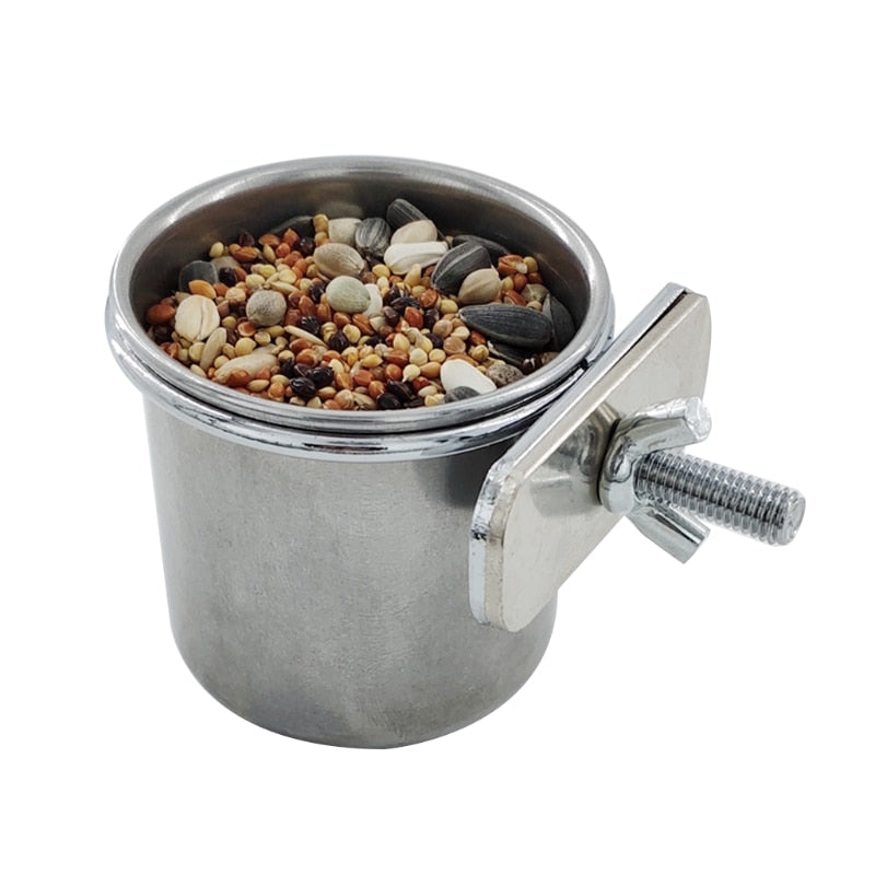 Comedero colgante para alimentar loros. Adecuado para jaulas de pájaros. Cuenco de acero inoxidable. - Mascotalux