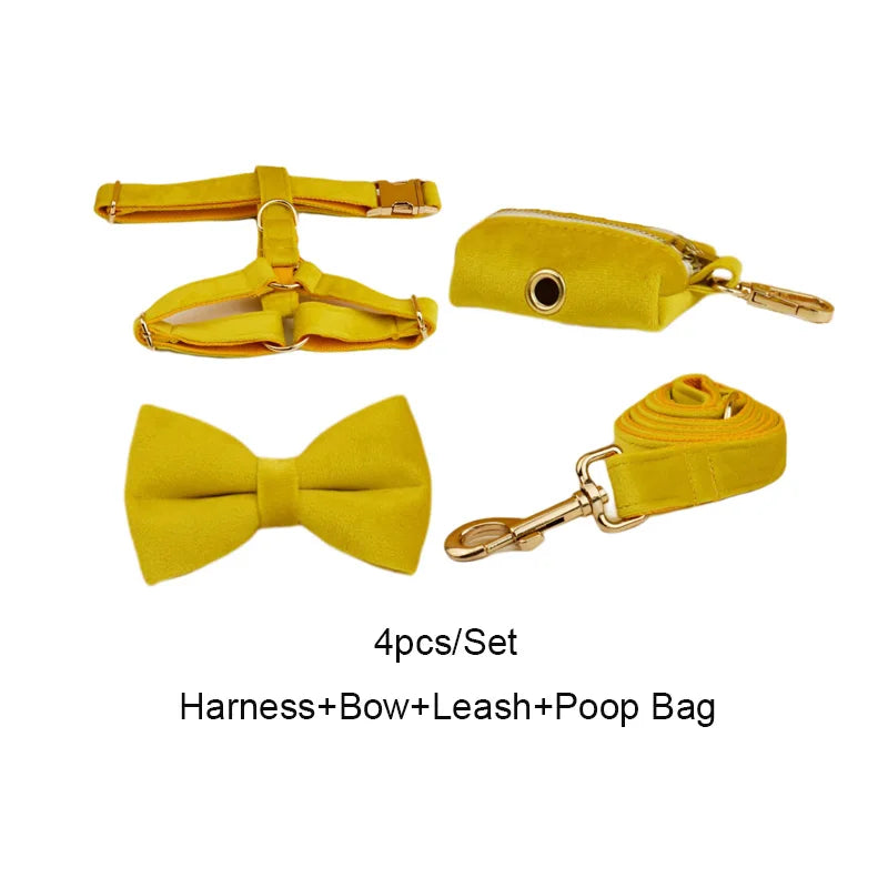 Estilo y Seguridad para tu Mejor Amigo: Juego de Collar y Correa de Terciopelo Amarillo con Grabado Personalizado para Perros de Todas las Tallas - Mascotalux