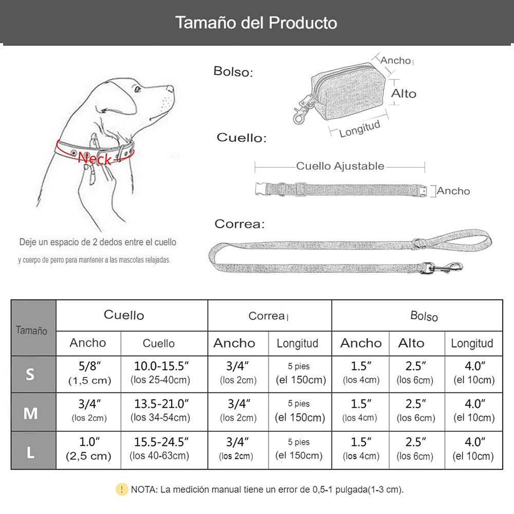 Conjunto de correa y collar personalizado+bolsa para popó de mascotas - Mascotalux