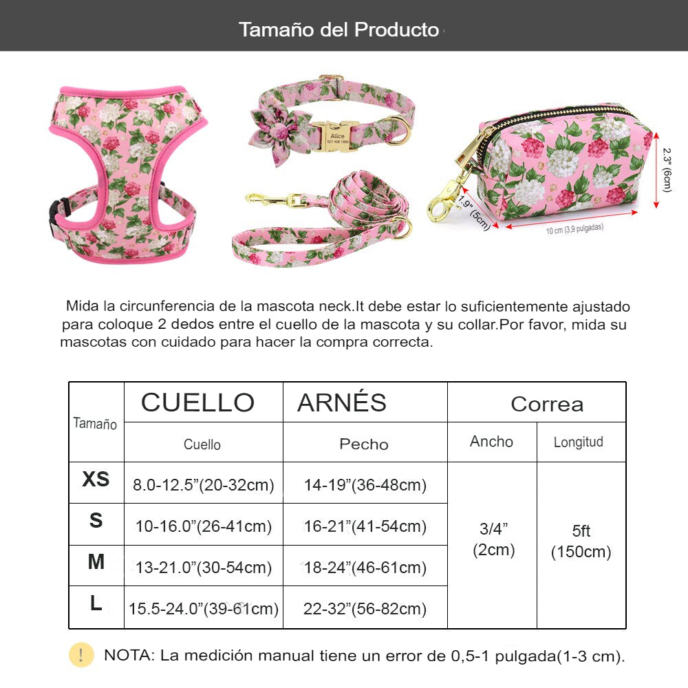 Personalizado collar de perro. Collar + correa + arnés + bolsa floral. Collar grabado. - Mascotalux
