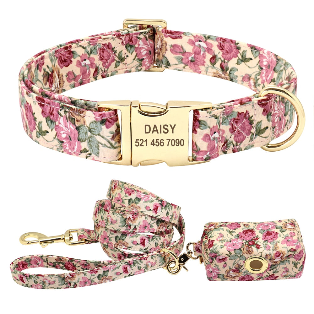 Correa y collar de nailon con flores para perro, conjunto de sujeción animal con estampado floral para mascota de tamaño pequeño, mediano y grande, incluye bolsa para comida de premio. - Mascotalux