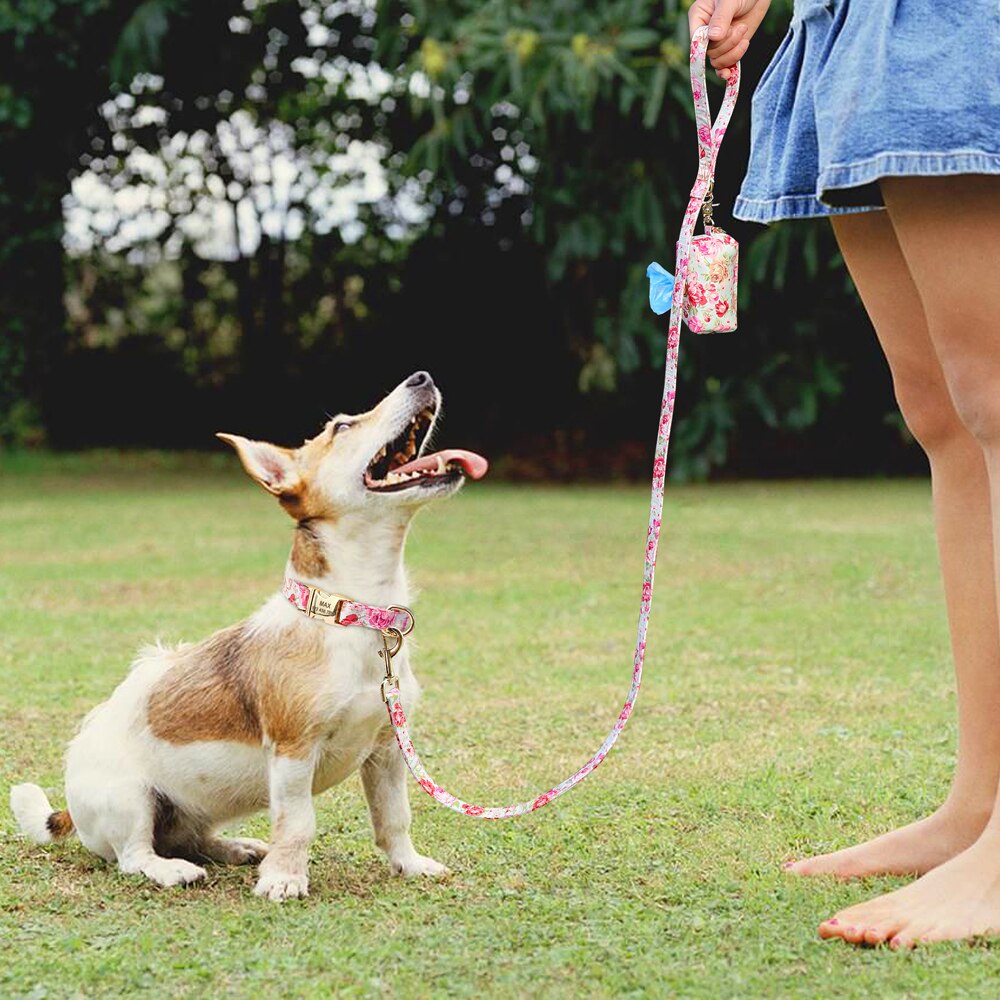 Correa y collar de nailon con flores para perro, conjunto de sujeción animal con estampado floral para mascota de tamaño pequeño, mediano y grande, incluye bolsa para comida de premio. - Mascotalux