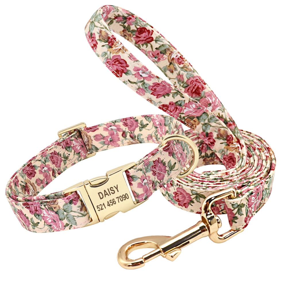 Correa y collar de nailon con flores para perro, conjunto de sujeción animal con estampado floral para mascota de tamaño pequeño, mediano y grande, incluye bolsa para comida de premio. - Mascotalux