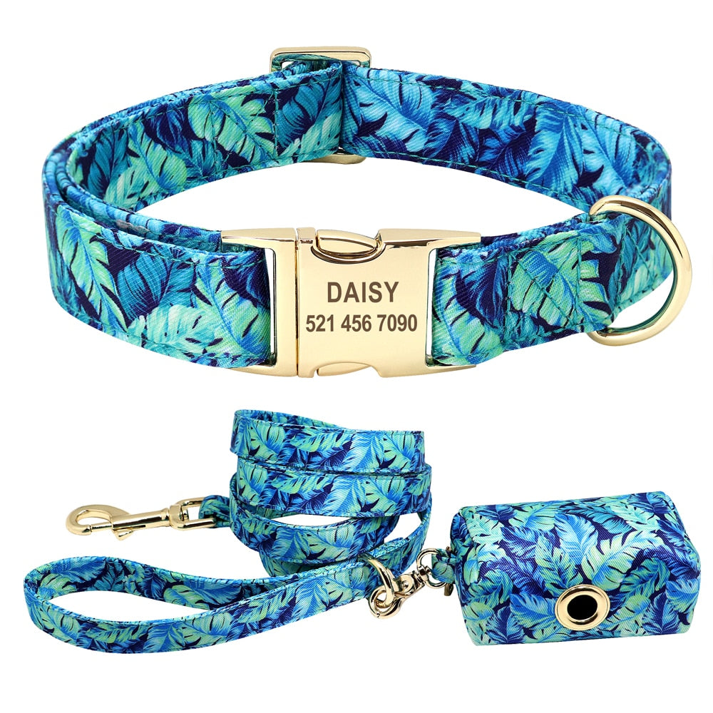 Correa y collar de nailon con flores para perro, conjunto de sujeción animal con estampado floral para mascota de tamaño pequeño, mediano y grande, incluye bolsa para comida de premio. - Mascotalux