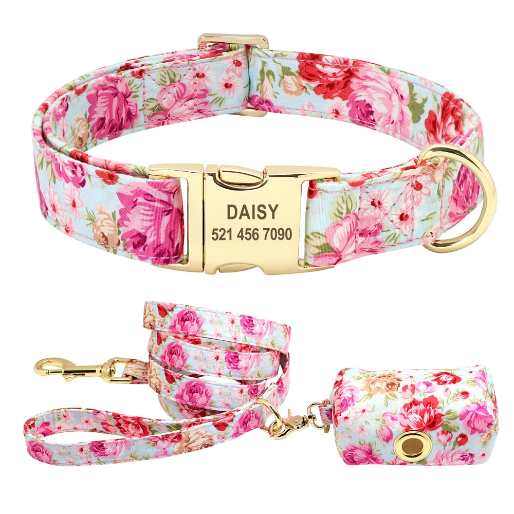 Correa y collar de nailon con flores para perro, conjunto de sujeción animal con estampado floral para mascota de tamaño pequeño, mediano y grande, incluye bolsa para comida de premio. - Mascotalux