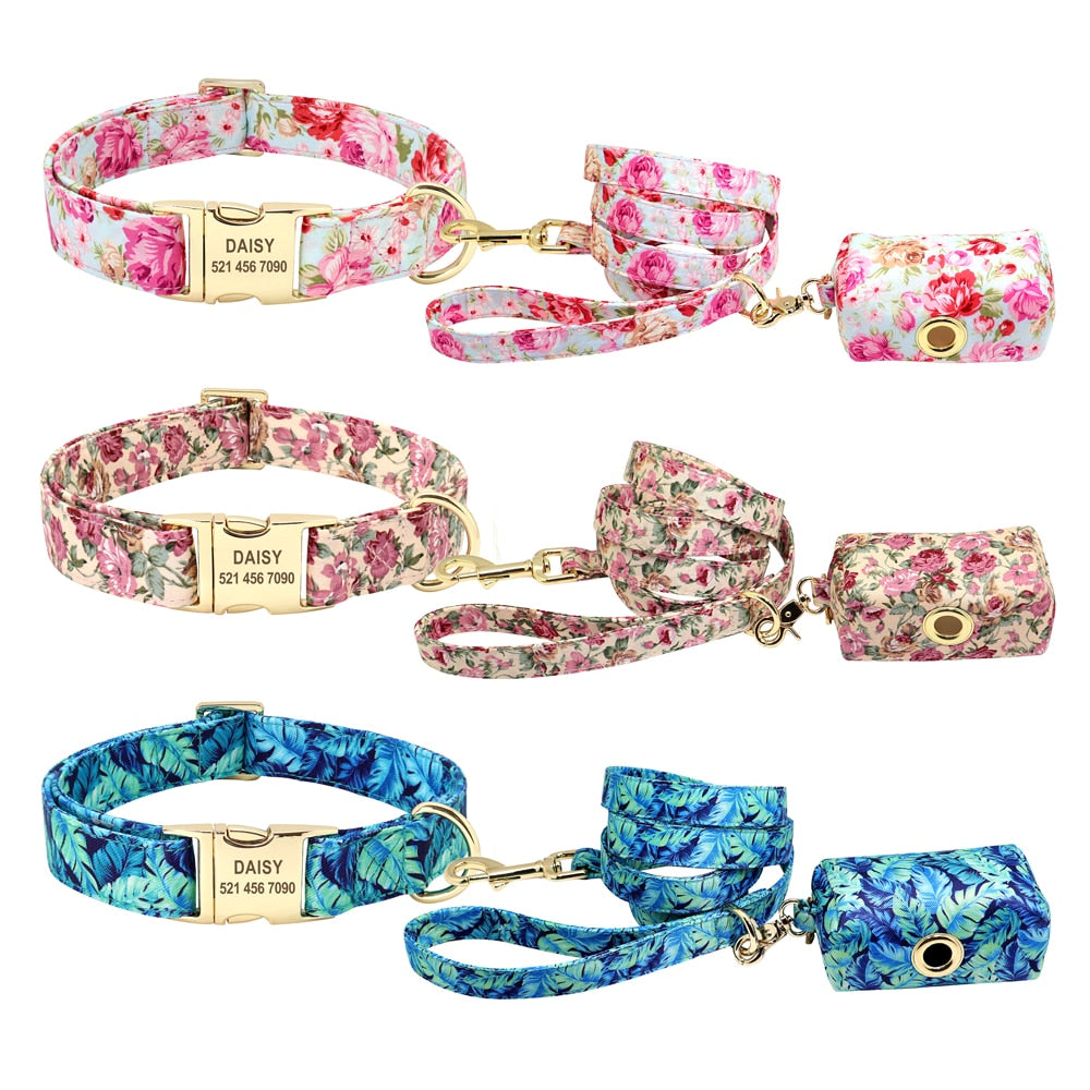 Correa y collar de nailon con flores para perro, conjunto de sujeción animal con estampado floral para mascota de tamaño pequeño, mediano y grande, incluye bolsa para comida de premio. - Mascotalux