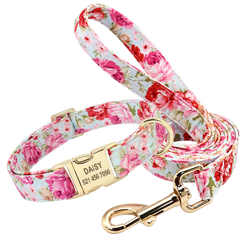 Correa y collar de nailon con flores para perro, conjunto de sujeción animal con estampado floral para mascota de tamaño pequeño, mediano y grande, incluye bolsa para comida de premio. - Mascotalux