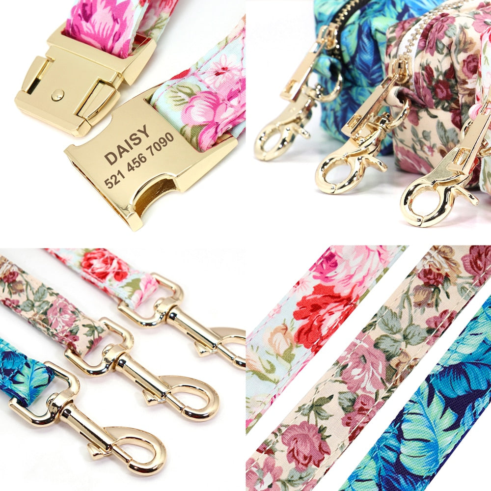 Correa y collar de nailon con flores para perro, conjunto de sujeción animal con estampado floral para mascota de tamaño pequeño, mediano y grande, incluye bolsa para comida de premio. - Mascotalux