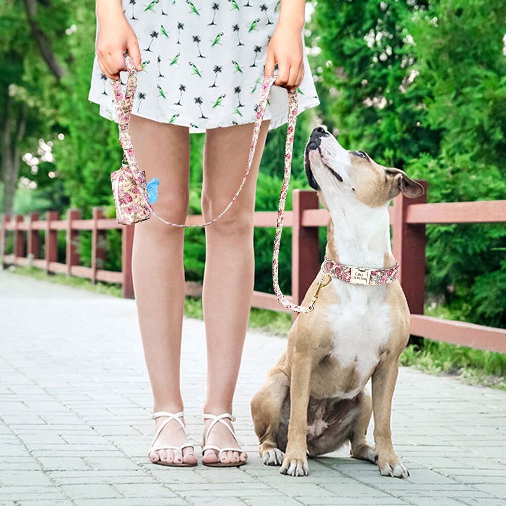 Correa y collar de nailon con flores para perro, conjunto de sujeción animal con estampado floral para mascota de tamaño pequeño, mediano y grande, incluye bolsa para comida de premio. - Mascotalux