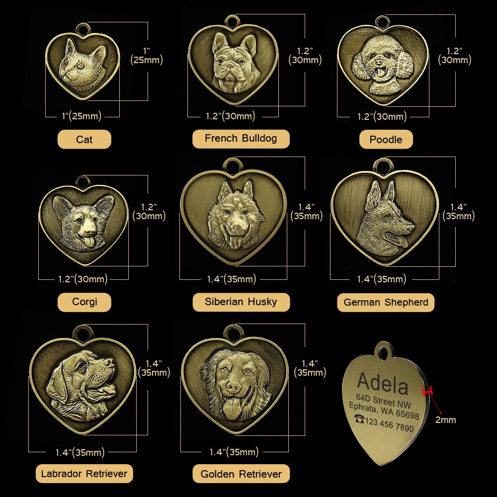 Placa de identificación para perros y gatos con grabado personalizado. Antipérdida, grabado gratis, colgante con forma de corazón. - Mascotalux