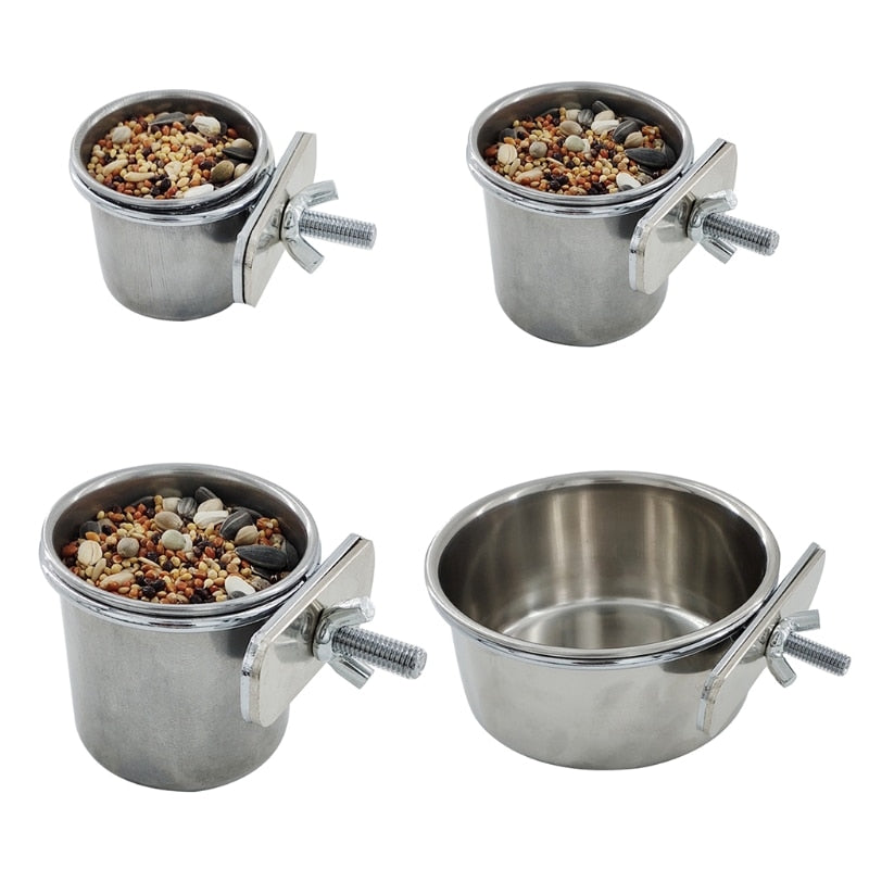 Comedero colgante para alimentar loros. Adecuado para jaulas de pájaros. Cuenco de acero inoxidable. - Mascotalux
