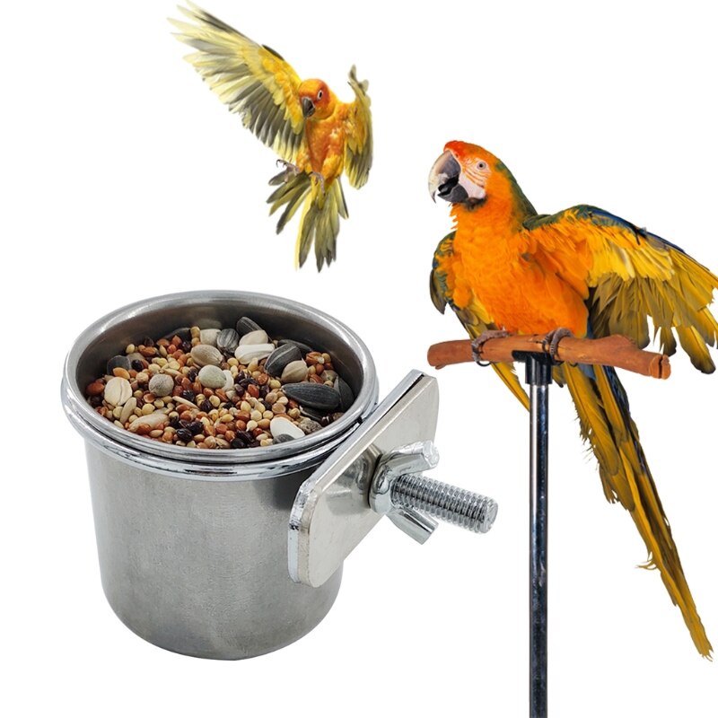 Comedero colgante para alimentar loros. Adecuado para jaulas de pájaros. Cuenco de acero inoxidable. - Mascotalux