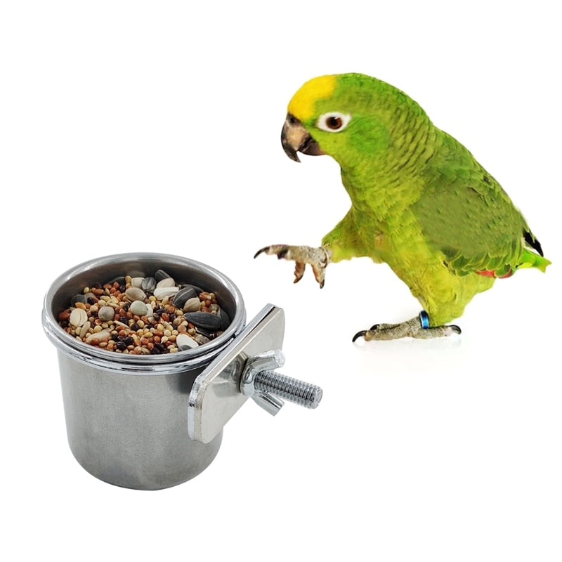 Comedero colgante para alimentar loros. Adecuado para jaulas de pájaros. Cuenco de acero inoxidable. - Mascotalux