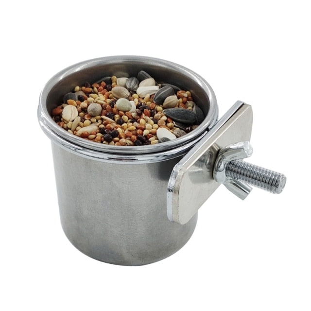 Comedero colgante para alimentar loros. Adecuado para jaulas de pájaros. Cuenco de acero inoxidable. - Mascotalux