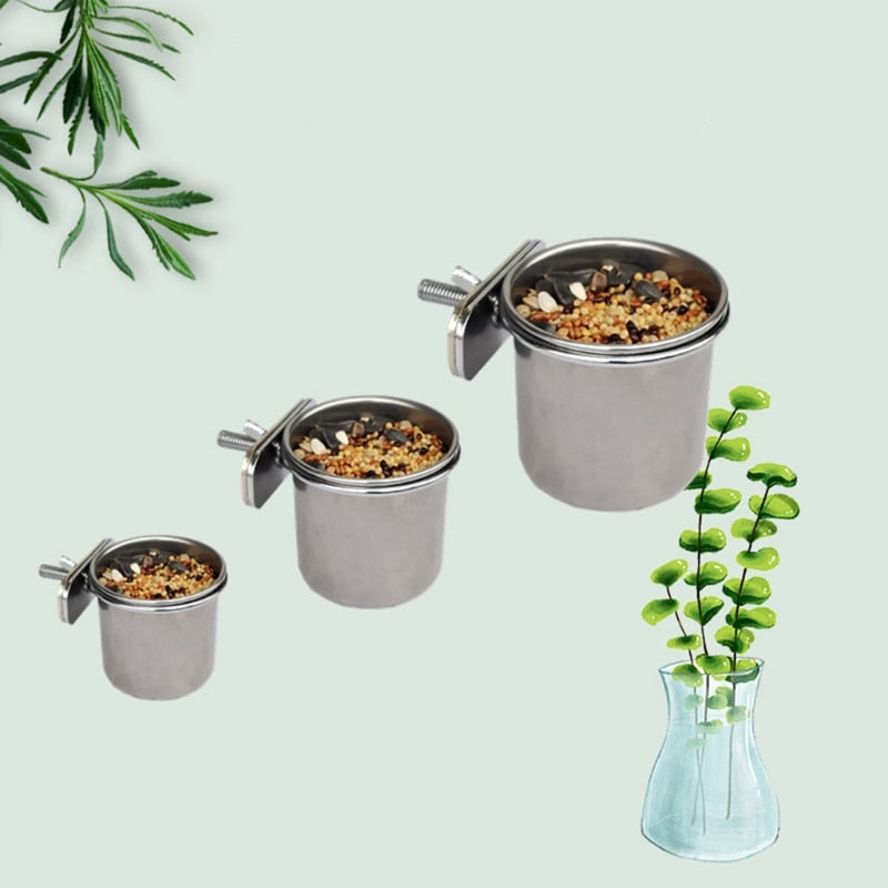 Comedero colgante para alimentar loros. Adecuado para jaulas de pájaros. Cuenco de acero inoxidable. - Mascotalux