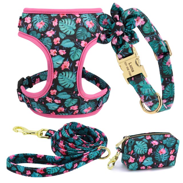 Personalizado collar de perro. Collar + correa + arnés + bolsa floral. Collar grabado. - Mascotalux