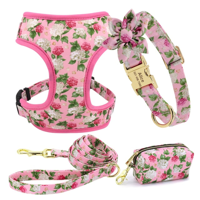Personalizado collar de perro. Collar + correa + arnés + bolsa floral. Collar grabado. - Mascotalux