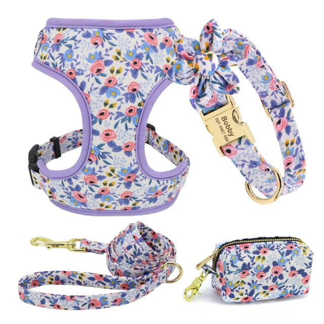 Personalizado collar de perro. Collar + correa + arnés + bolsa floral. Collar grabado. - Mascotalux