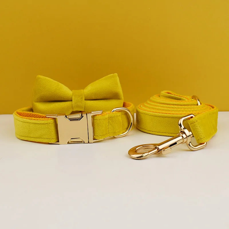 Estilo y Seguridad para tu Mejor Amigo: Juego de Collar y Correa de Terciopelo Amarillo con Grabado Personalizado para Perros de Todas las Tallas