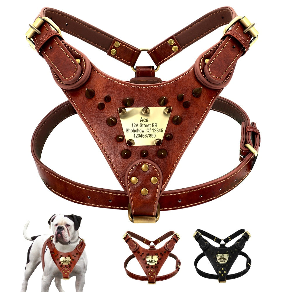 Arnés de cuero personalizado con tachuelas para perro, arnés tipo chaleco para perro con identificación personalizada.
