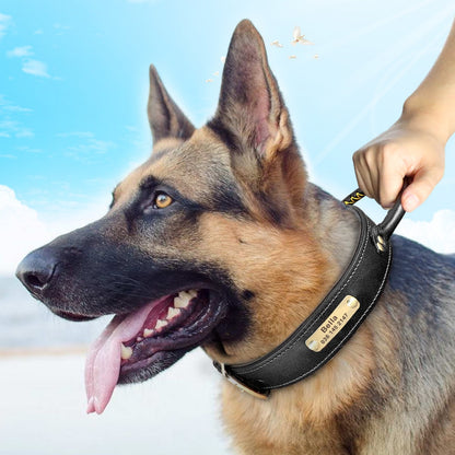 Collar de cuero con etiqueta de identificación personalizada para perros medianos y grandes, Collar de Control rápido para entrenamiento de mascotas, con mango