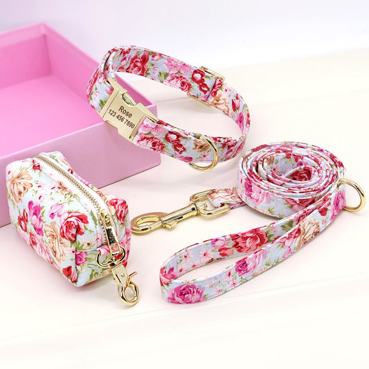 Correa y collar de nailon con flores para perro, conjunto de sujeción animal con estampado floral para mascota de tamaño pequeño, mediano y grande, incluye bolsa para comida de premio.