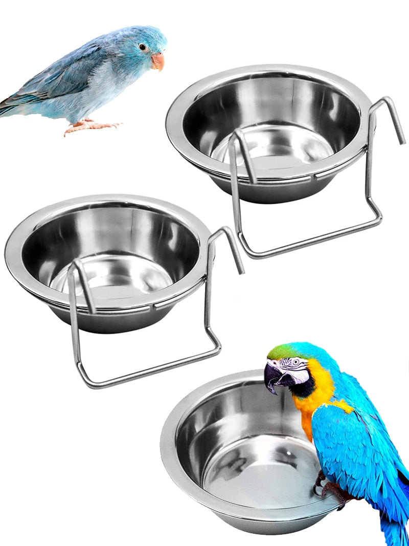 Tazas de acero inoxidable para alimentación de pájaros, soporte de jaula para pájaros.