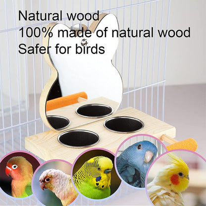 Espejo para loros con alimentador, cuenco de madera para pájaros.