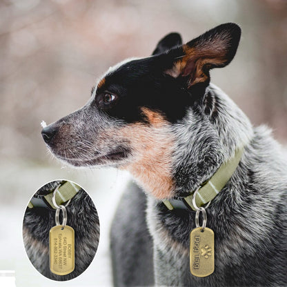 Etiqueta de perro de acero inoxidable personalizada. Colgante contra la perdida de mascotas, Grabado.