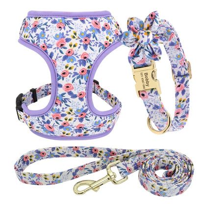 Personalizado collar de perro. Collar + correa + arnés + bolsa floral.  Collar grabado.