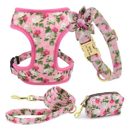 Personalizado collar de perro. Collar + correa + arnés + bolsa floral.  Collar grabado.